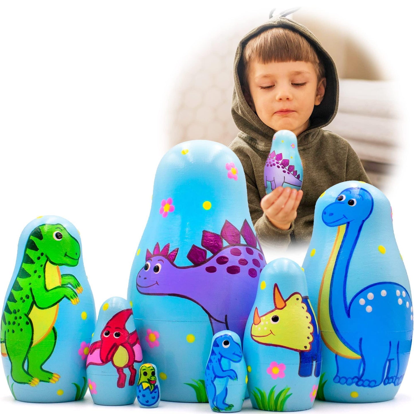 Dinosaur Nesting Dolls Set 7 pcs Dinosaur Decor Matryoshka Dolls Hand Painted